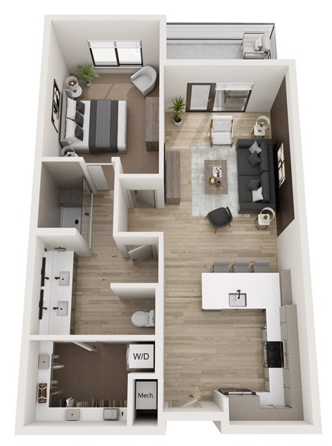 Floor plan for 1 bed, 1 bath, 899 sqft